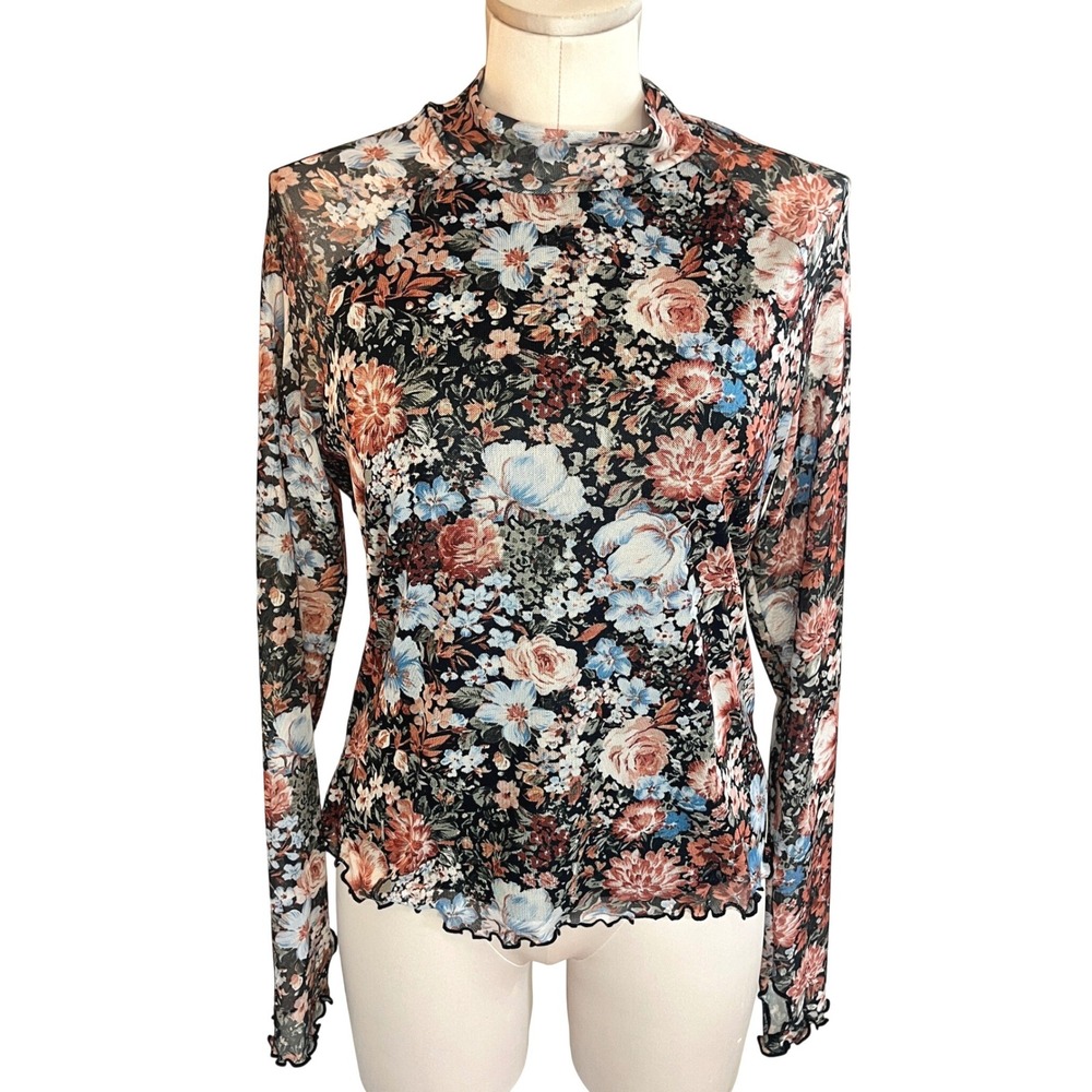 Dealmore Mesh Mock Neck Top Long Sleeve Lettuce Trim Large Dark Floral‎ Cottage